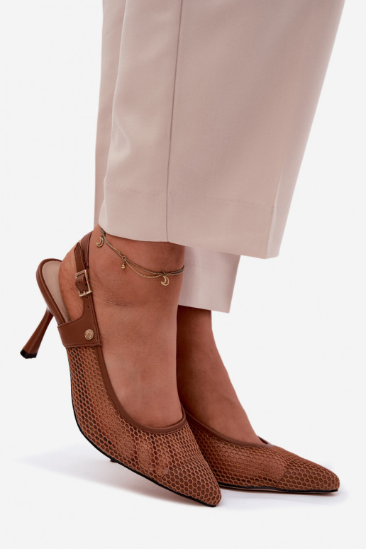 Pele Sandálias perfuradas Sapato Feminino com salto fino Tem que serciejka K7507-29 cor marrom