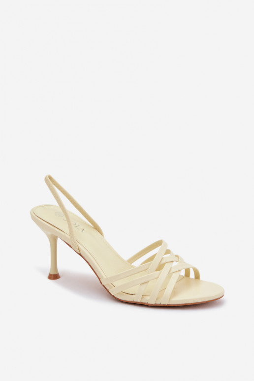 Sandálias femininas com salto fino com listras cor amarela Velivelle