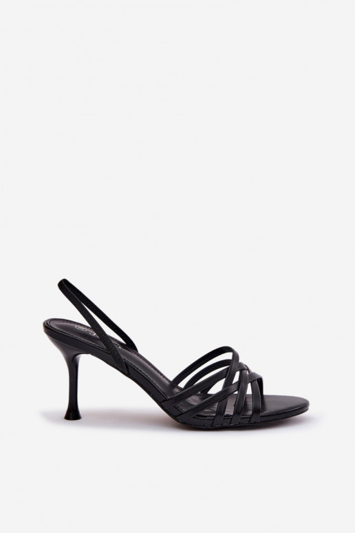 Sandálias femininas com salto fino com listras cor preta Velivelle