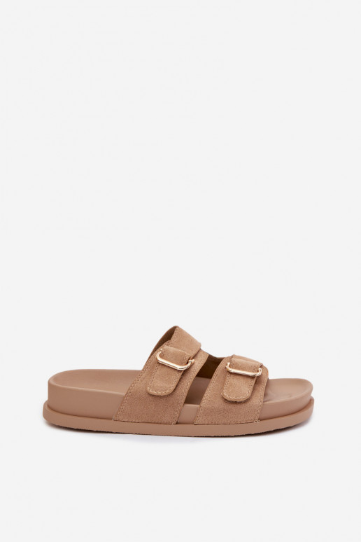 Chinelos femininos Ze cor douradami com fivelasmi bege Pelorin