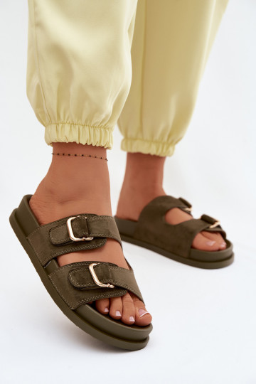 Chinelos femininos Ze cor douradami com fivelasmi cor cáqui Pelorin