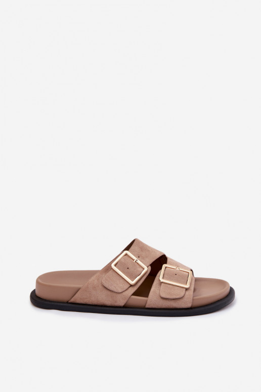 Chinelos femininosImitacji de camurçau cor dourada com fivelas bege Selissea