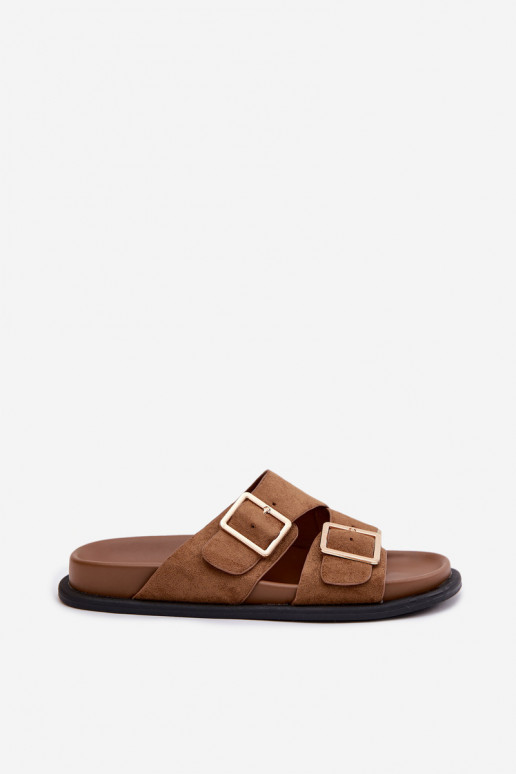 Chinelos femininosImitacji de camurçau cor dourada com fivelas cor marrom Selissea