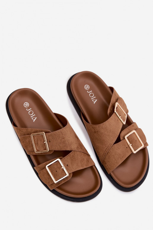 Chinelos femininosImitacji de camurçau cor dourada com fivelas cor marrom Selissea