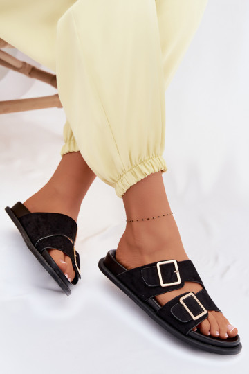 Chinelos femininosImitacji de camurçau cor dourada com fivelas cor preta Selissea