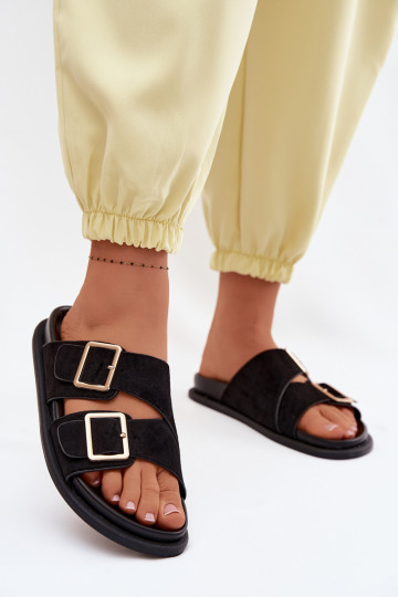 Chinelos femininosImitacji de camurçau cor dourada com fivelas cor preta Selissea 2