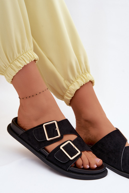 Chinelos femininosImitacji de camurçau cor dourada com fivelas cor preta Selissea