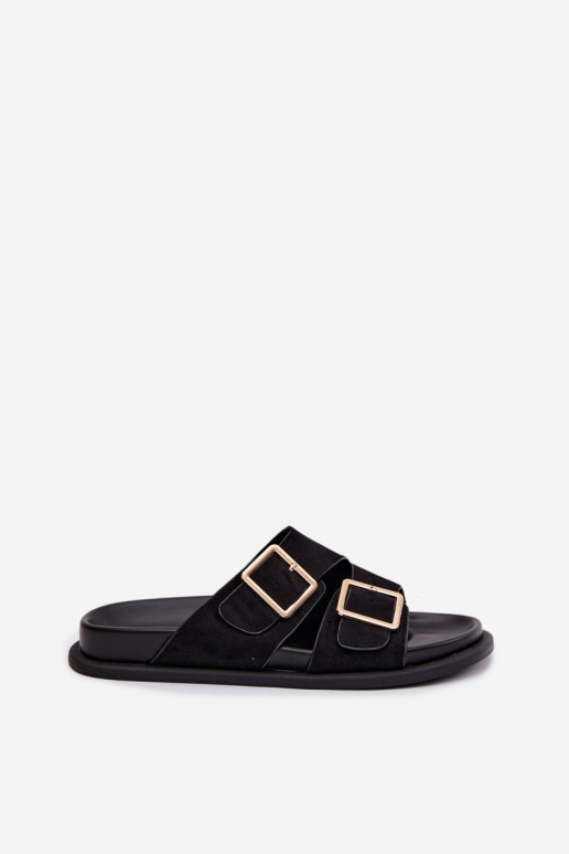 Chinelos femininosImitacji de camurçau cor dourada com fivelas cor preta Selissea