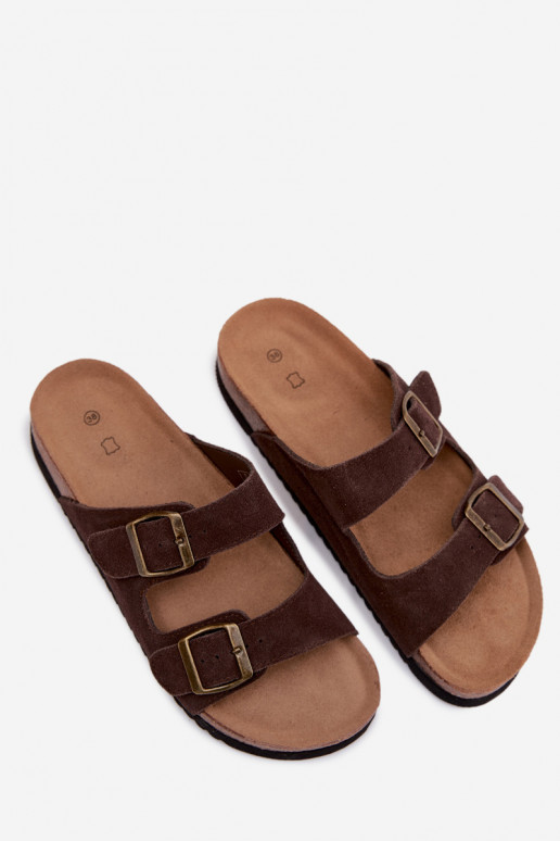 Pele Chinelos femininos de camurça com fivelas CzekoladoParae Rosaliae