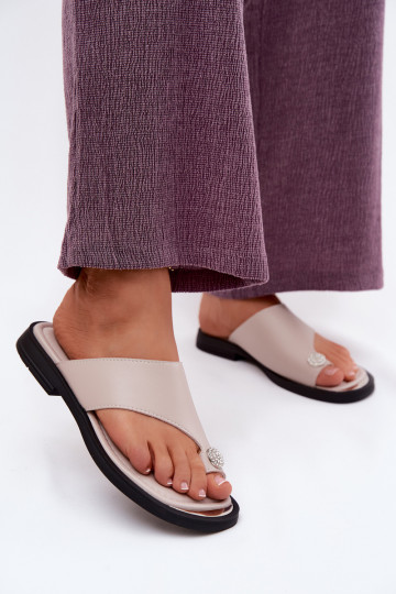 Chinelos de couro Chinelos Feminino com salto largo Vinceza 62307 bege 2