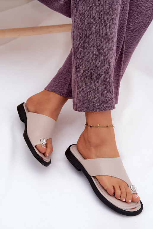 Chinelos de couro Chinelos Feminino com salto largo Vinceza 62307 bege