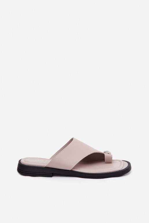 Chinelos de couro Chinelos Feminino com salto largo Vinceza 62307 bege