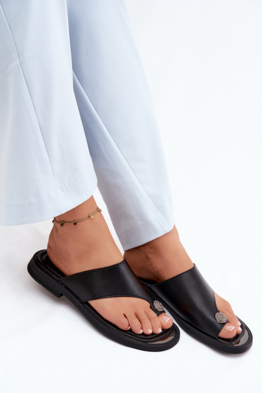 Chinelos de couro Chinelos Feminino com salto largo Vinceza 62307 cor preta