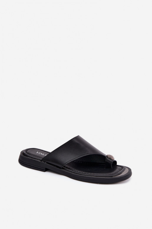 Chinelos de couro Chinelos Feminino com salto largo Vinceza 62307 cor preta