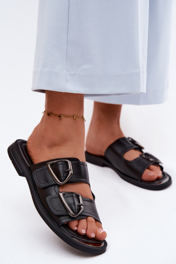 Chinelos de couro Feminino com fivelas Vinceza 62304 cor preta