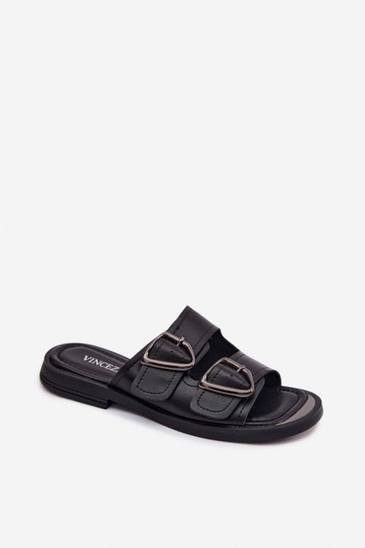 Chinelos de couro femininos pretos com fivelas Vinceza 62304