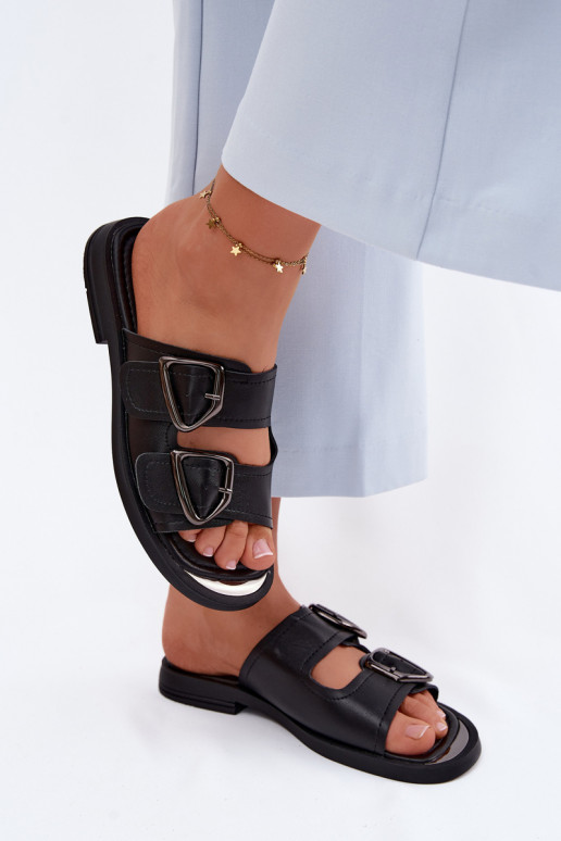 Chinelos de couro Feminino com fivelas Vinceza 62304 cor preta