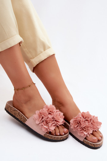 Chinelos femininos Com sola de cortiça Com decoraçõesi com motivos floraiskami cor rosa Seleneza