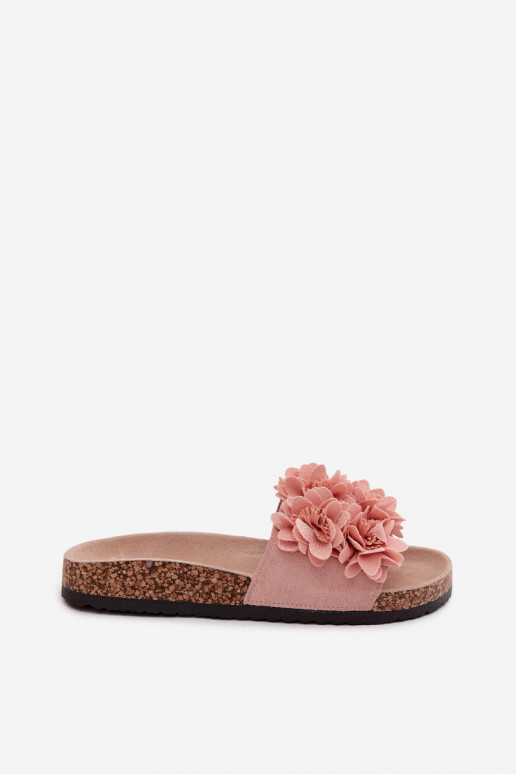 Chinelos de pele sintética rosa em sola de cortiça com motivos florais Seleneza