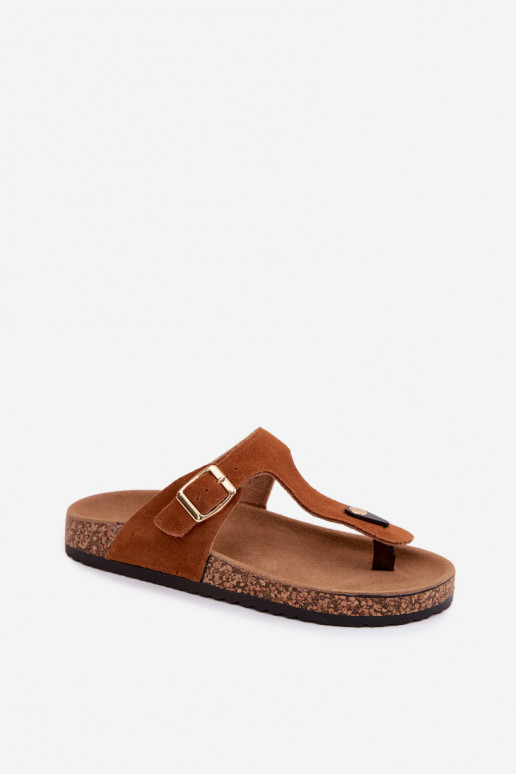 Pele chinelos de camurça Chinelos com fivelas douradas cor marrom Honey