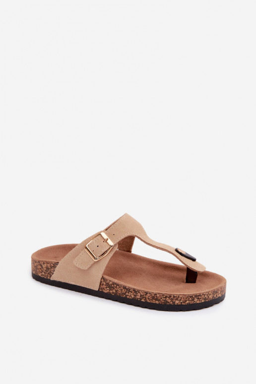 Pele chinelos de camurça Chinelos com fivelas douradas bege Honey