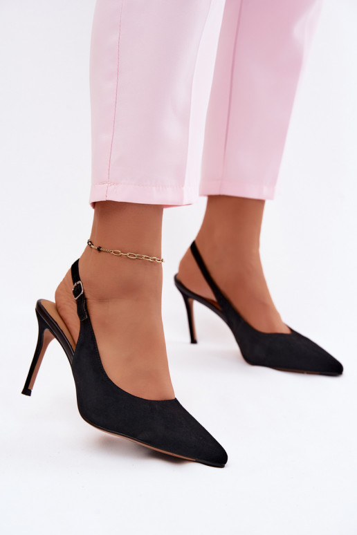 Sandálias femininas com salto finoHabilitadoturalnego de camurçau cor preta Kandy