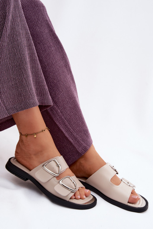 Chinelos de couro Feminino com fivelas Vinceza 62304 bege