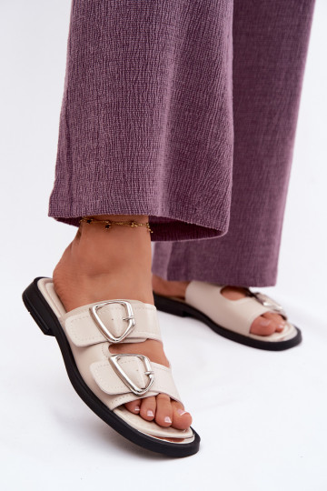 Chinelos de couro Feminino com fivelas Vinceza 62304 bege 2