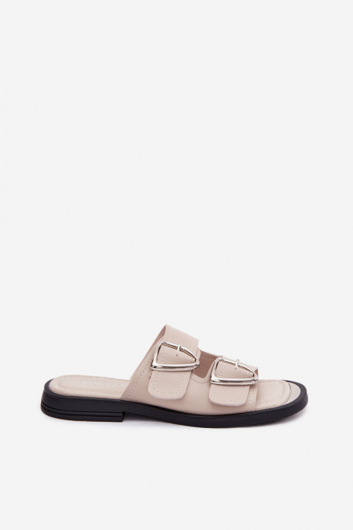Chinelos de couro com fivelas Vinceza 62304 cor areia