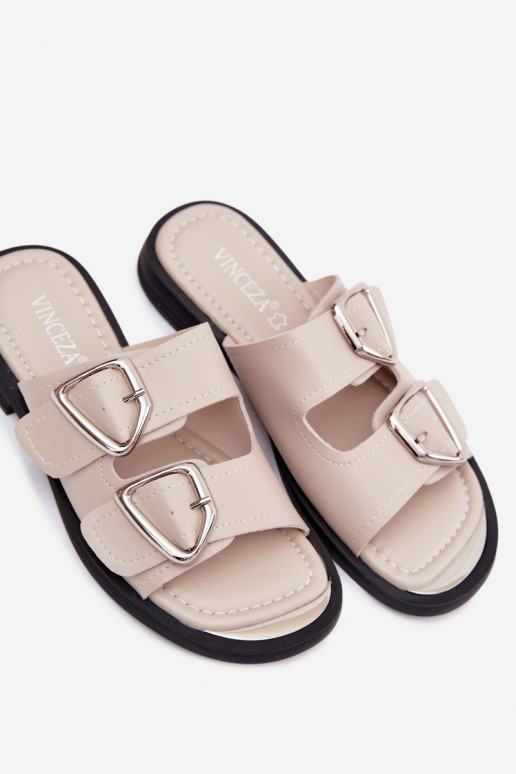 Chinelos de couro com fivelas Vinceza 62304 cor areia
