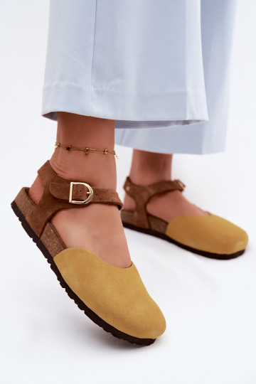 Pele Sandálias femininas de camurçaZakrytymi Palcami Tem que serciejka H7365-07 cor amarela 2