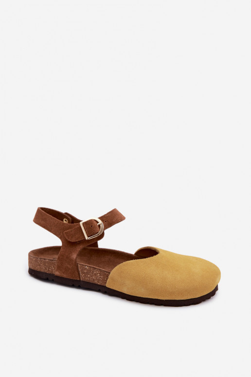 Pele Sandálias femininas de camurçaZakrytymi Palcami Tem que serciejka H7365-07 cor amarela