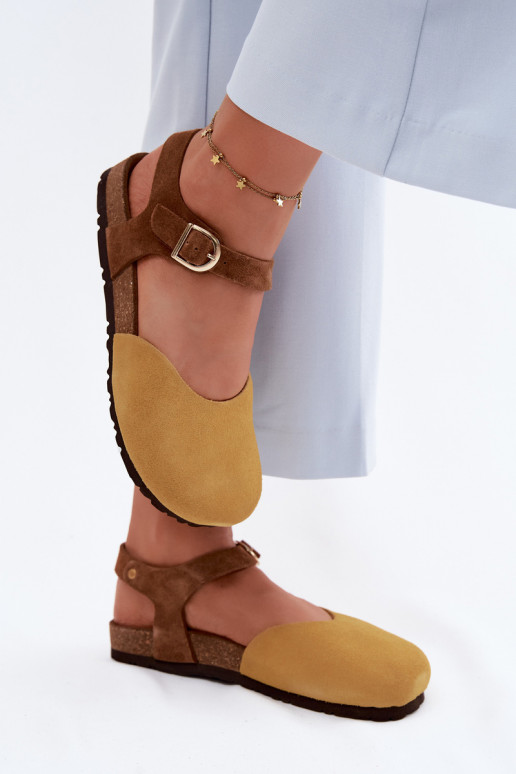 Pele Sandálias femininas de camurçaZakrytymi Palcami Tem que serciejka H7365-07 cor amarela