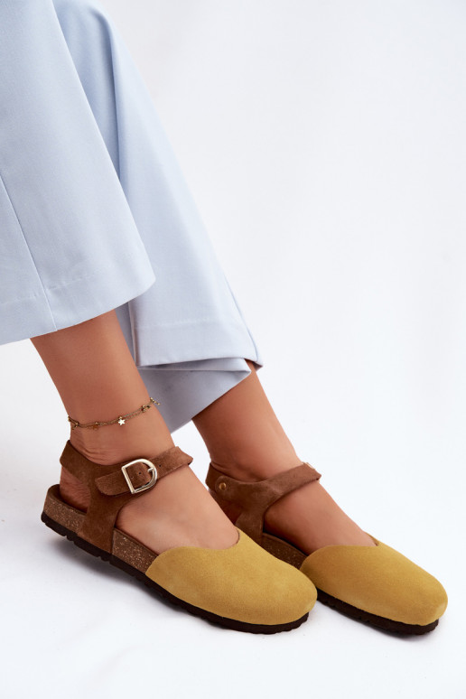 Pele Sandálias femininas de camurçaZakrytymi Palcami Tem que serciejka H7365-07 cor amarela