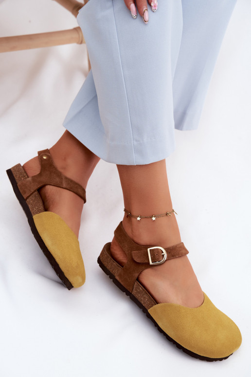 Pele Sandálias femininas de camurçaZakrytymi Palcami Tem que serciejka H7365-07 cor amarela