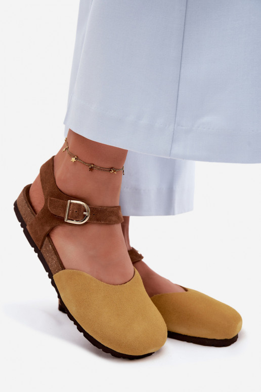 Pele Sandálias femininas de camurçaZakrytymi Palcami Tem que serciejka H7365-07 cor amarela