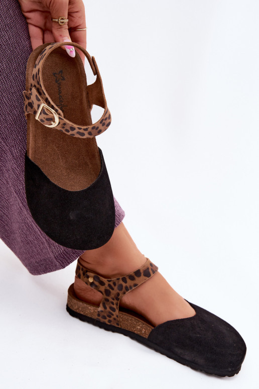 Pele Sandálias femininas de camurçaZakrytymi Palcami Tem que serciejka H7365-01 cor preta