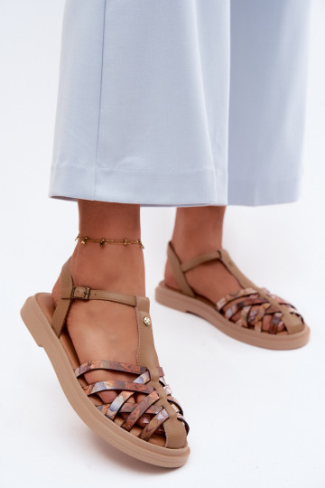 Pele Sandálias rasteiras para mulheres com listras Tem que serciejka K7442-04 bege