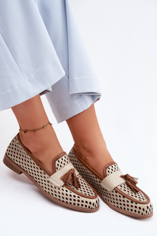 Pele com elementos abertos sapato mocassins femininos Tem que serciejka HJ760-14 marrom-bege