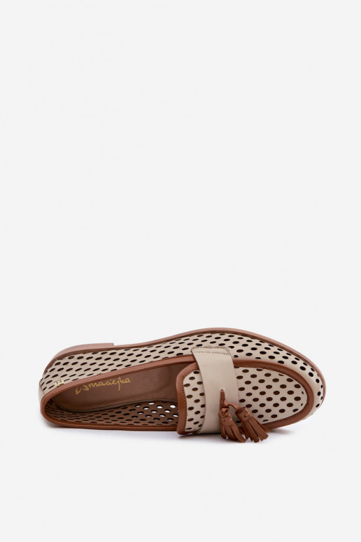 Pele com elementos abertos sapato mocassins femininos Tem que serciejka HJ760-14 marrom-bege