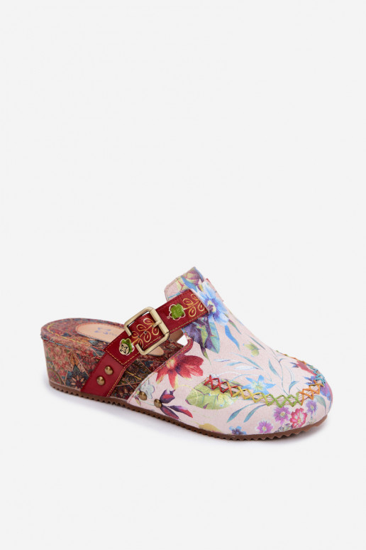 Chinelos de couro para mulher com plataforma e flores em várias cores