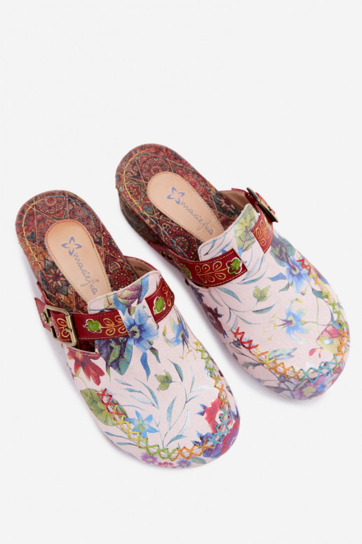 Chinelos de couro para mulher com plataforma e flores em várias cores