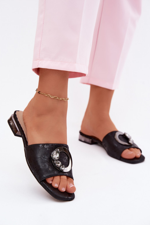 Chinelos femininos com salto largo com enfeites KV61-6025 cor preta