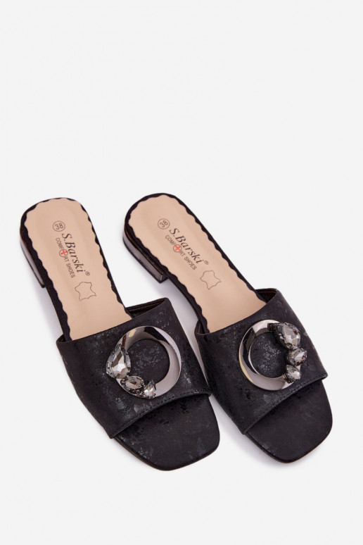 Chinelos femininos com salto largo com enfeites KV61-6025 cor preta