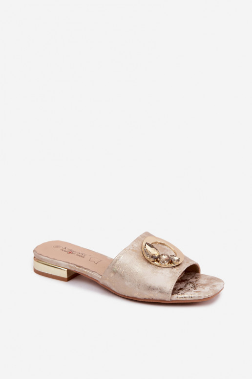 Chinelos femininos com salto largo com enfeites KV61-6025 cor dourada