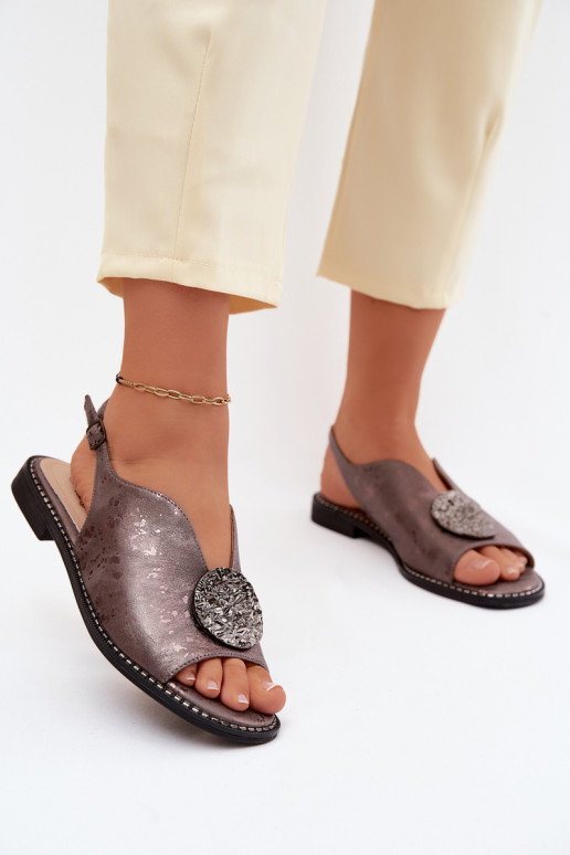 Sandálias femininas com salto largo com enfeites S.Barski KV61-6035 cor cinza