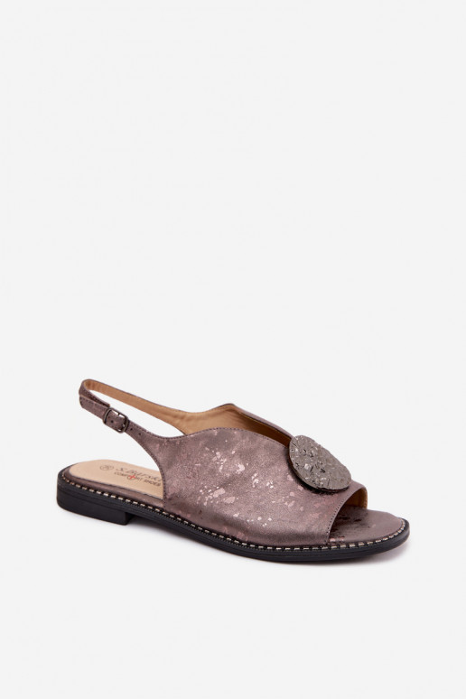 Sandálias femininas com salto largo com enfeites S.Barski KV61-6035 cor cinza