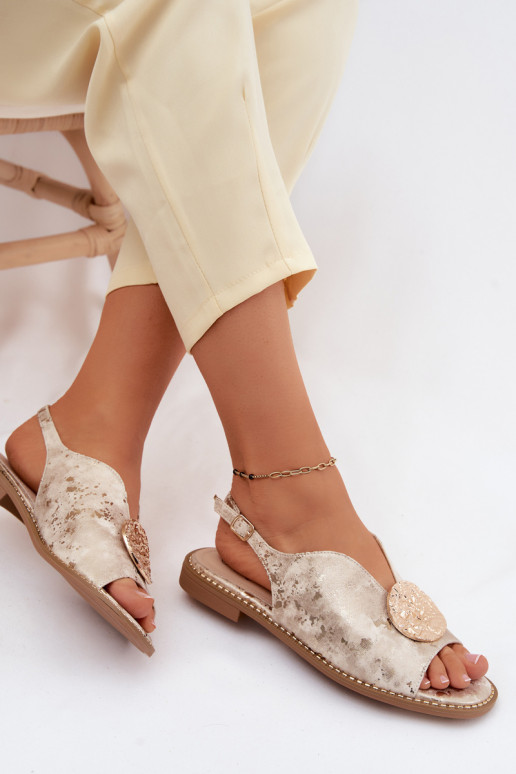 Sandálias femininas com salto largo com enfeites S.Barski KV61-6035 cor dourada