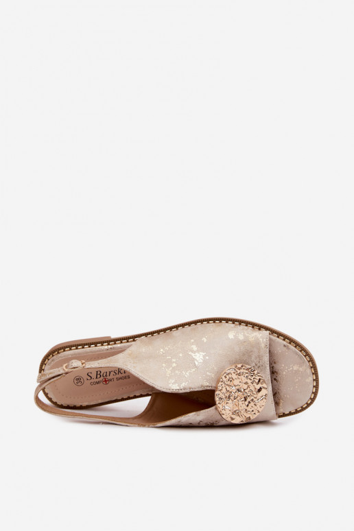 Sandálias femininas com salto largo com enfeites S.Barski KV61-6035 cor dourada