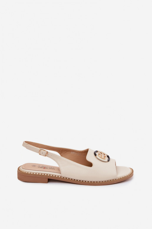 Sandálias femininas com saltos largos e ornamentos S.Barski KV61-6037 cor creme